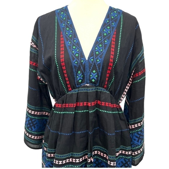 Joie Shada Black Embroidered V Neck Kimono Sleeve Cotton Boho Dress Women Large - Picture 6 of 14